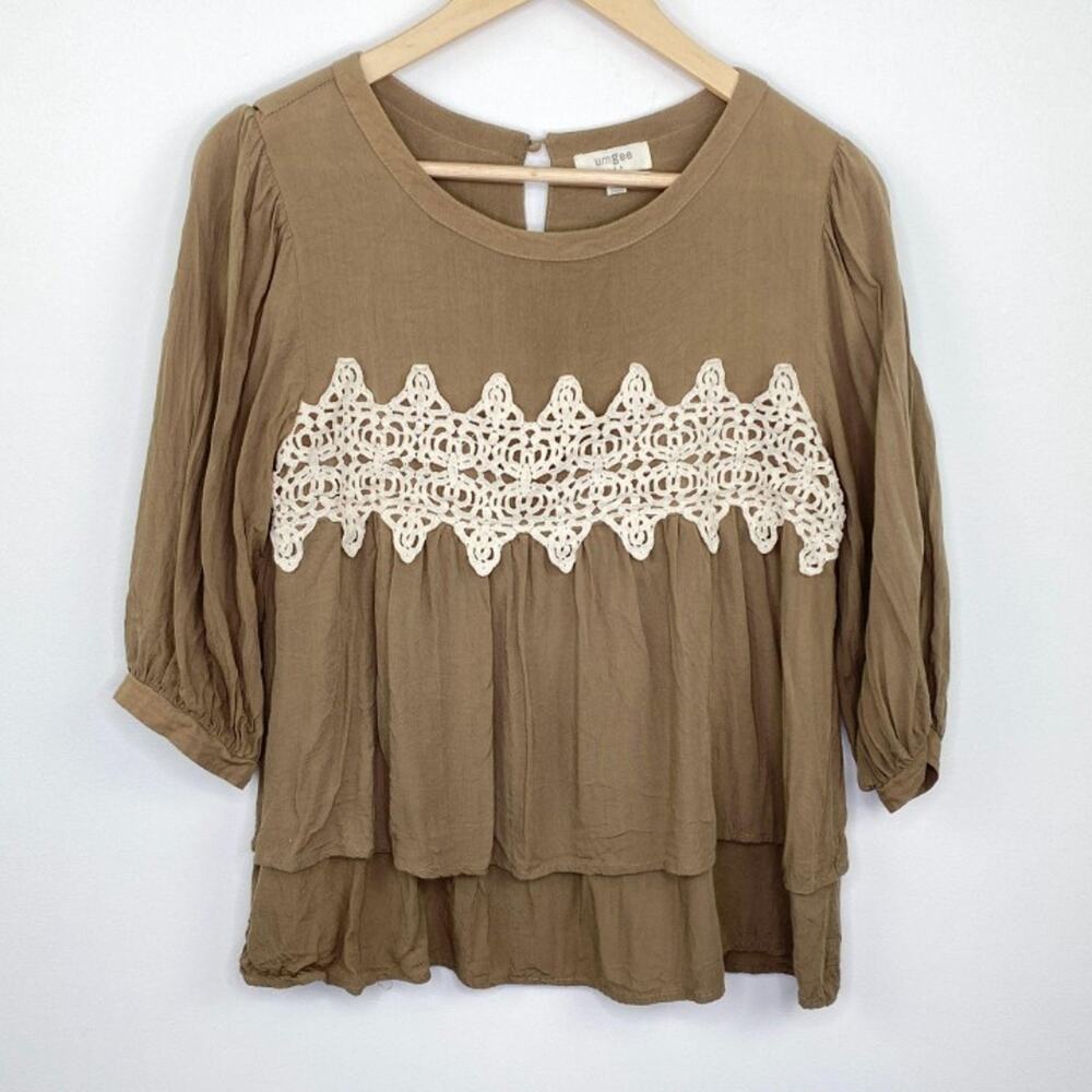 Umgee Womens Brown Lace‎ Boho Top Size S Babydoll Peasant Lagenlook